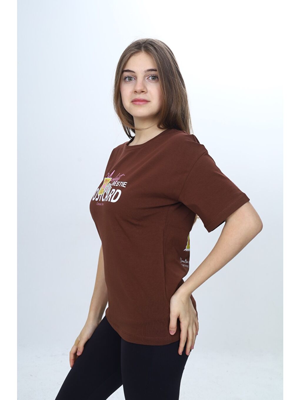 Ekru Kız Çocuk Bisiklet Yaka Düşük Omuz Kısa Kollu Baskılı Tişört 24971-1