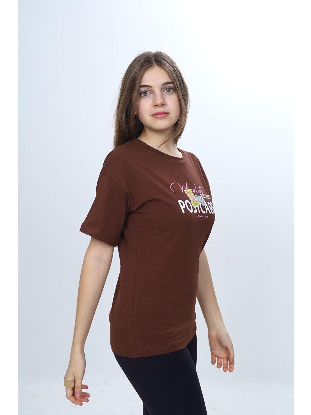 Ekru Kız Çocuk Bisiklet Yaka Düşük Omuz Kısa Kollu Baskılı Tişört 24971-2