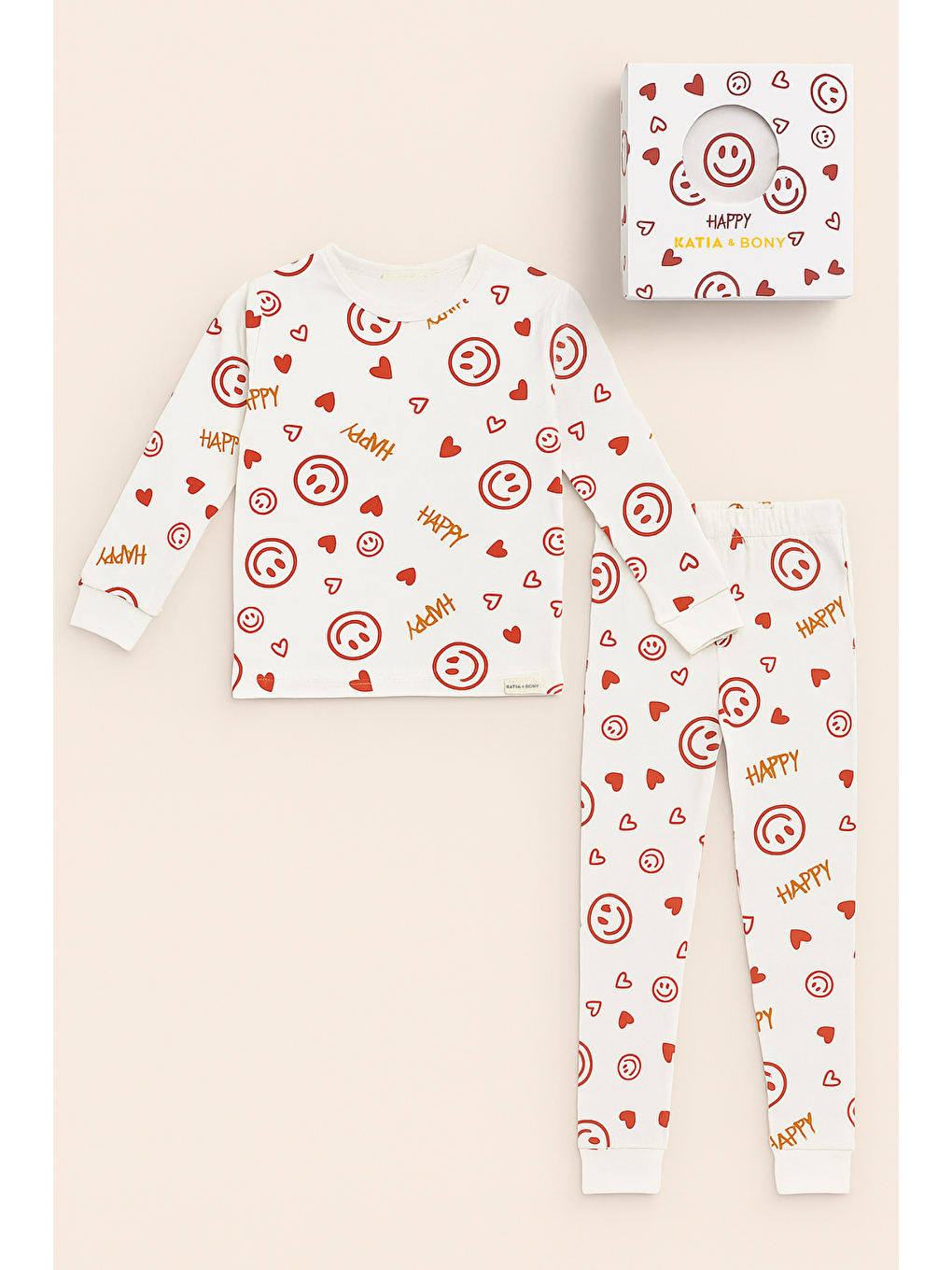 Kız Çocuk Gülen Yüz Desenli Kutulu Pijama Takımı Ekru