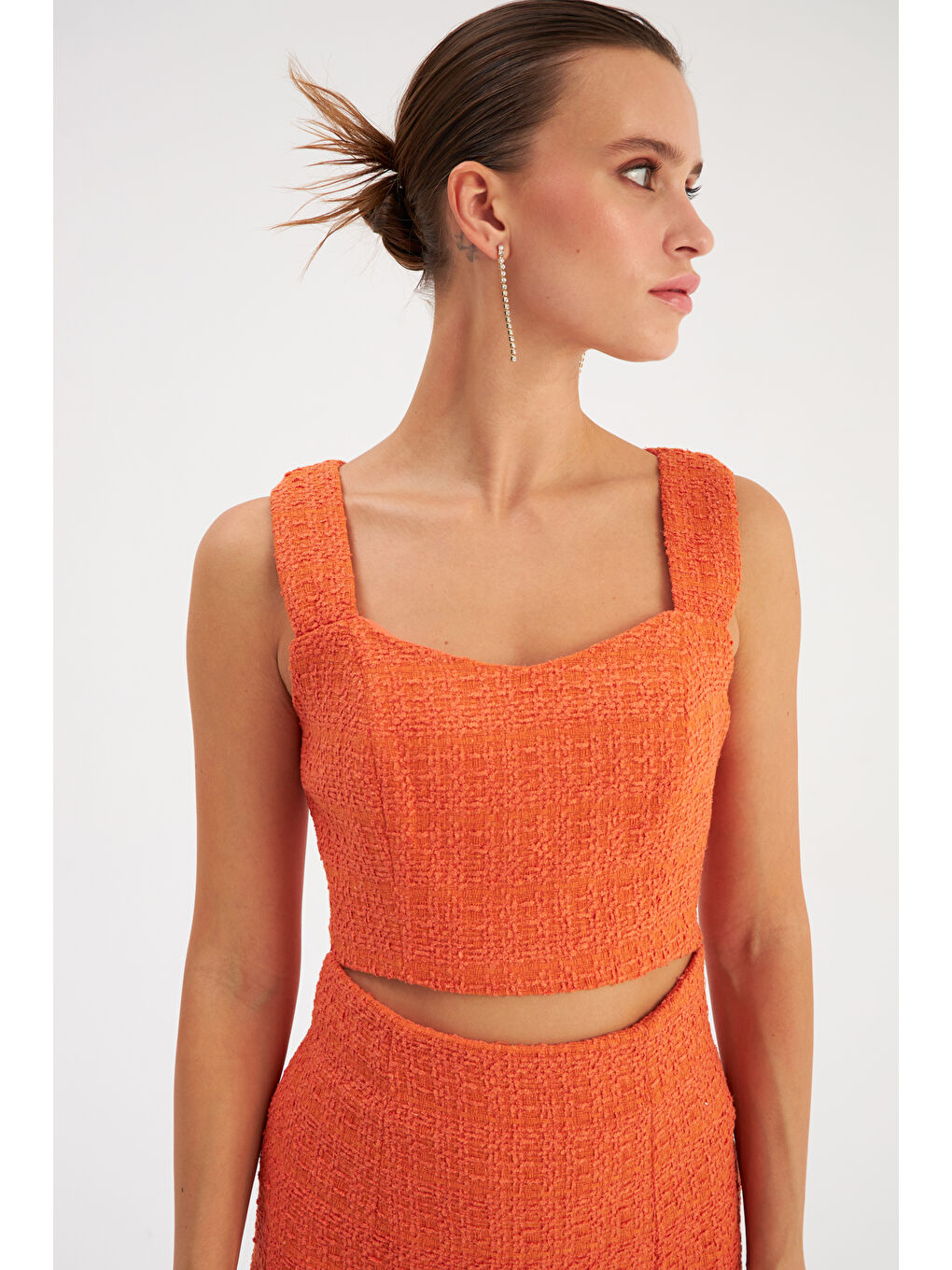 SATEEN Turuncu Askılı Tüvit Crop Bluz - Oranj - 3