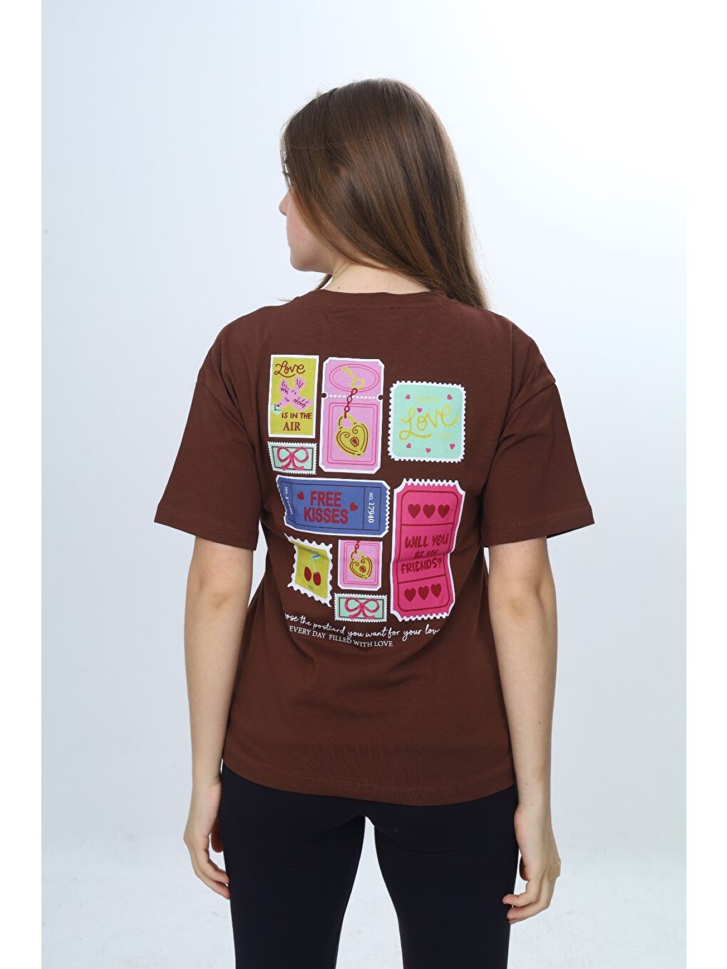 Ekru Kız Çocuk Bisiklet Yaka Düşük Omuz Kısa Kollu Baskılı Tişört 24971-3