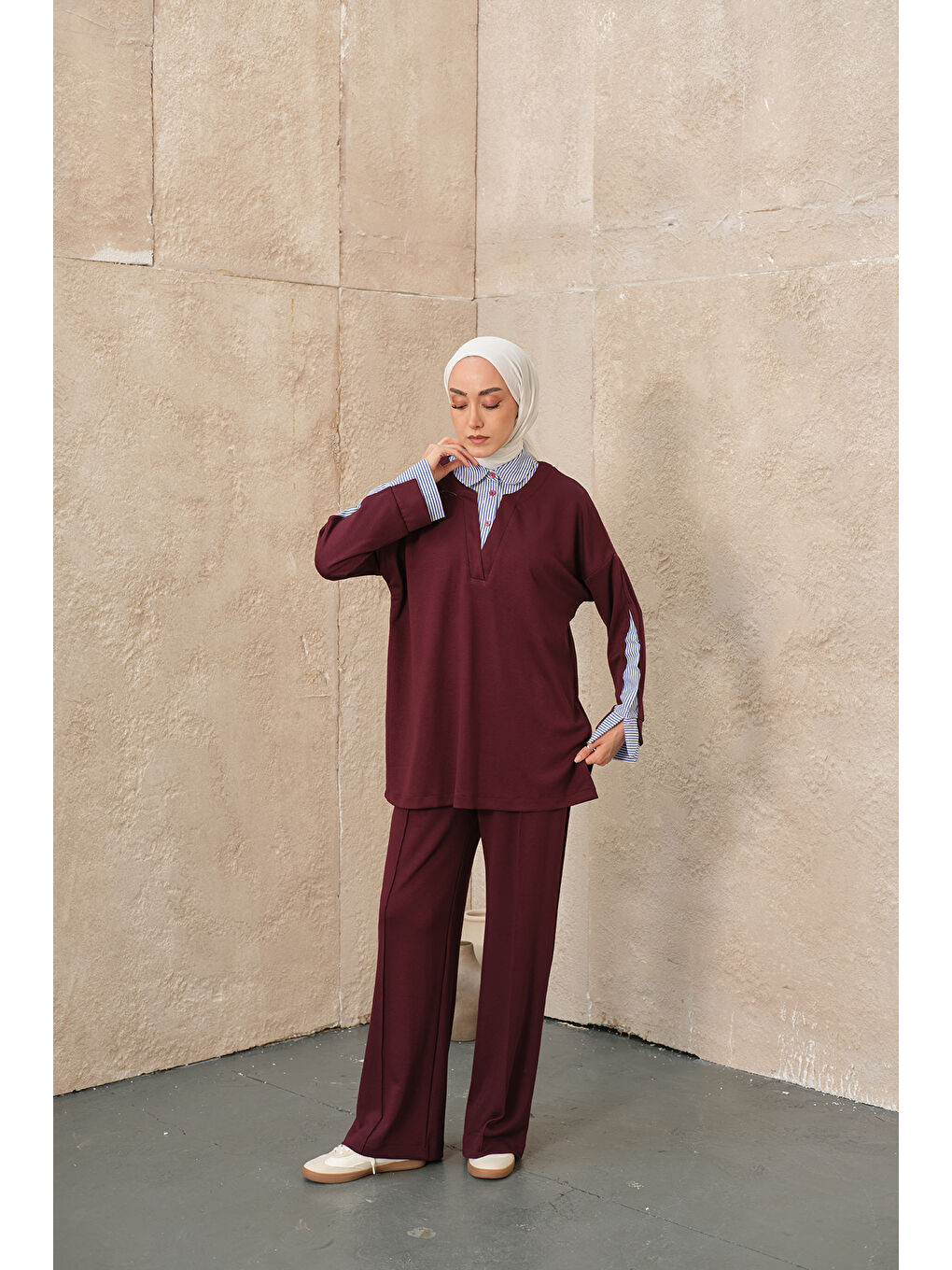 Kadın Gömlek Yaka İkili Takım Bordo-3