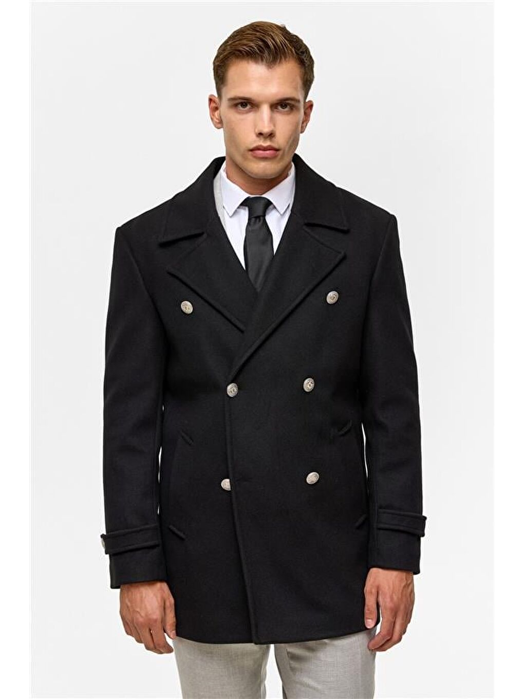 Siyah Slim Düz Kruvaze Yaka Kaban