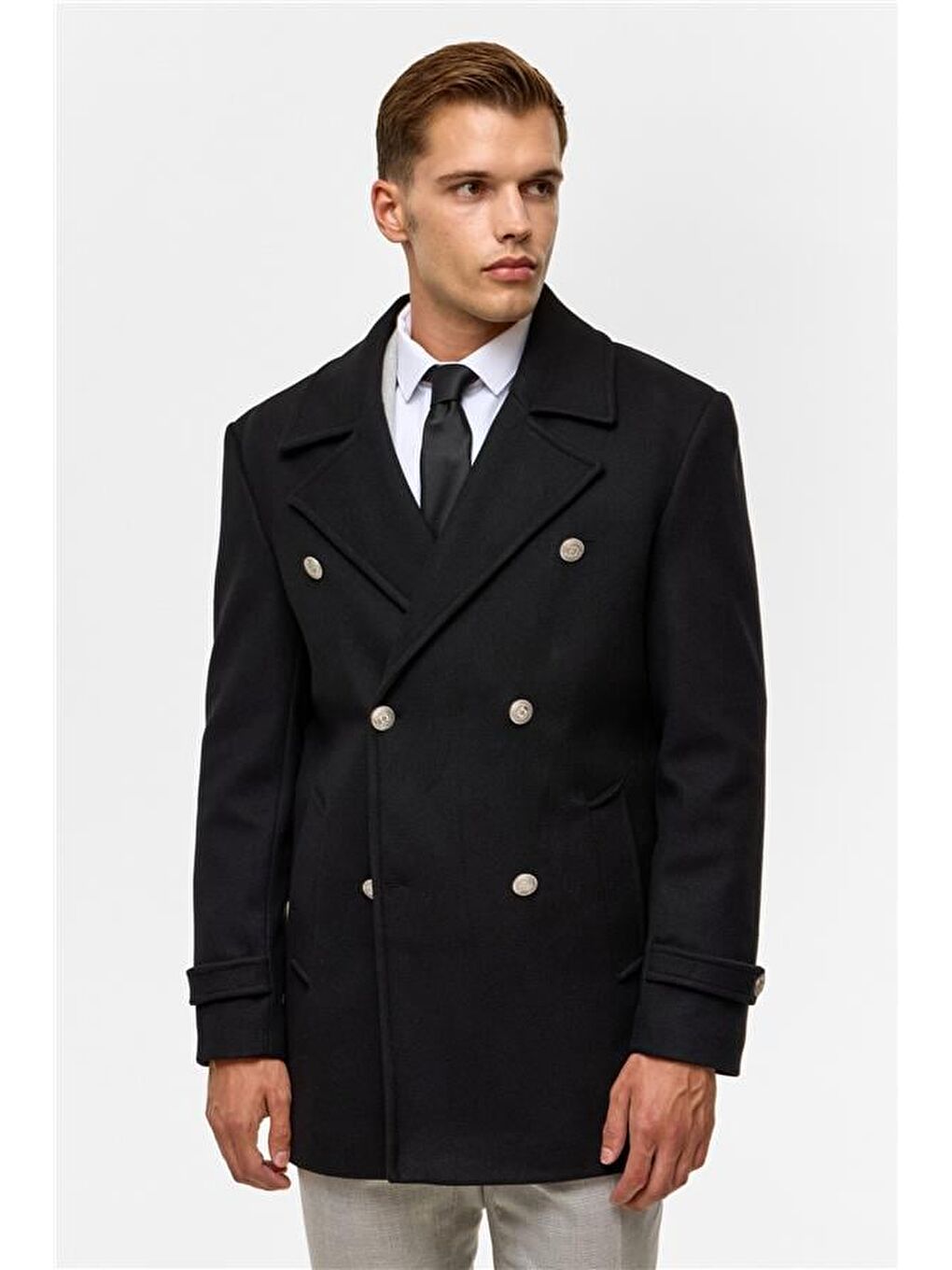 Siyah Slim Düz Kruvaze Yaka Kaban-1