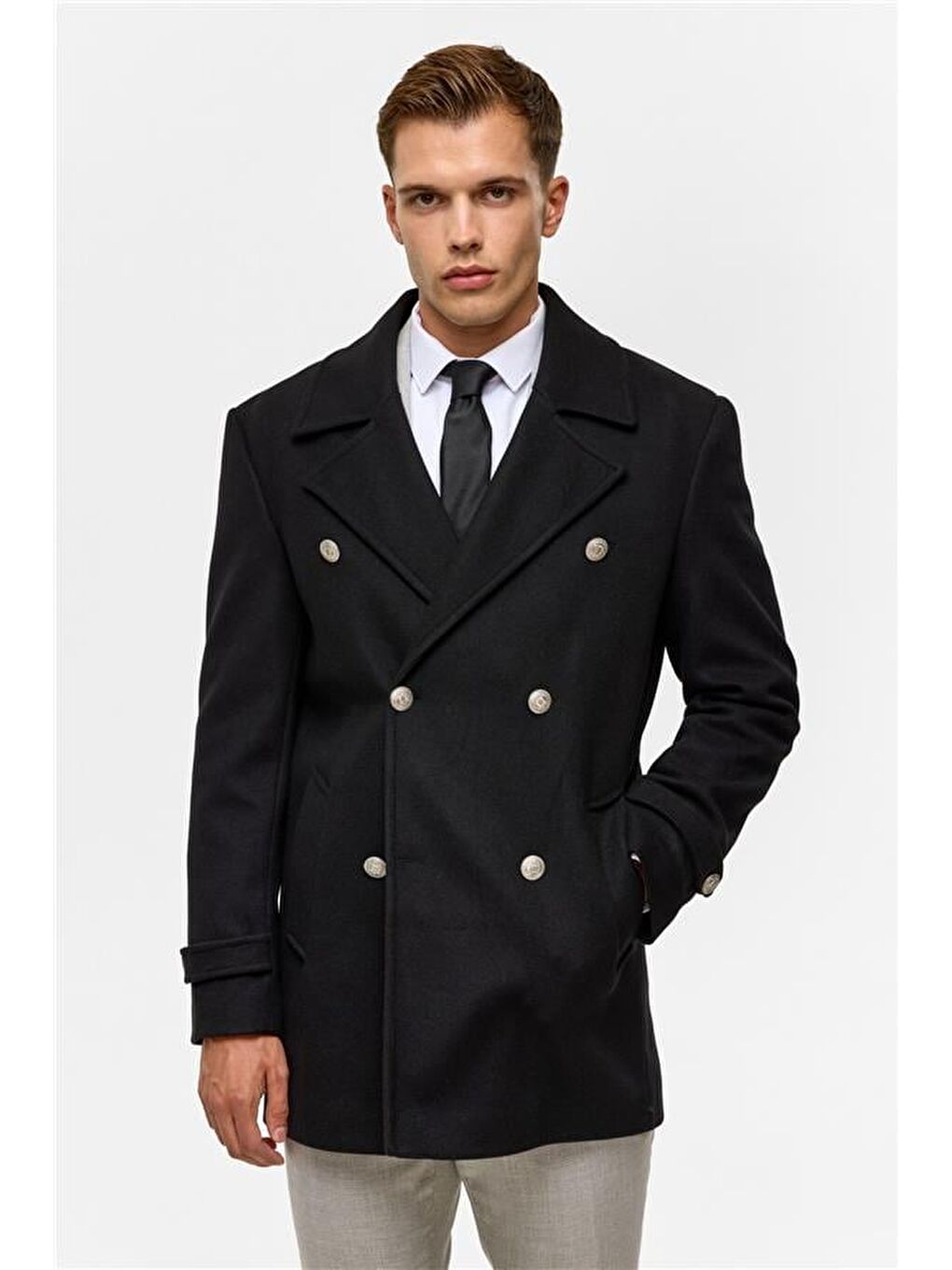 Siyah Slim Düz Kruvaze Yaka Kaban-2