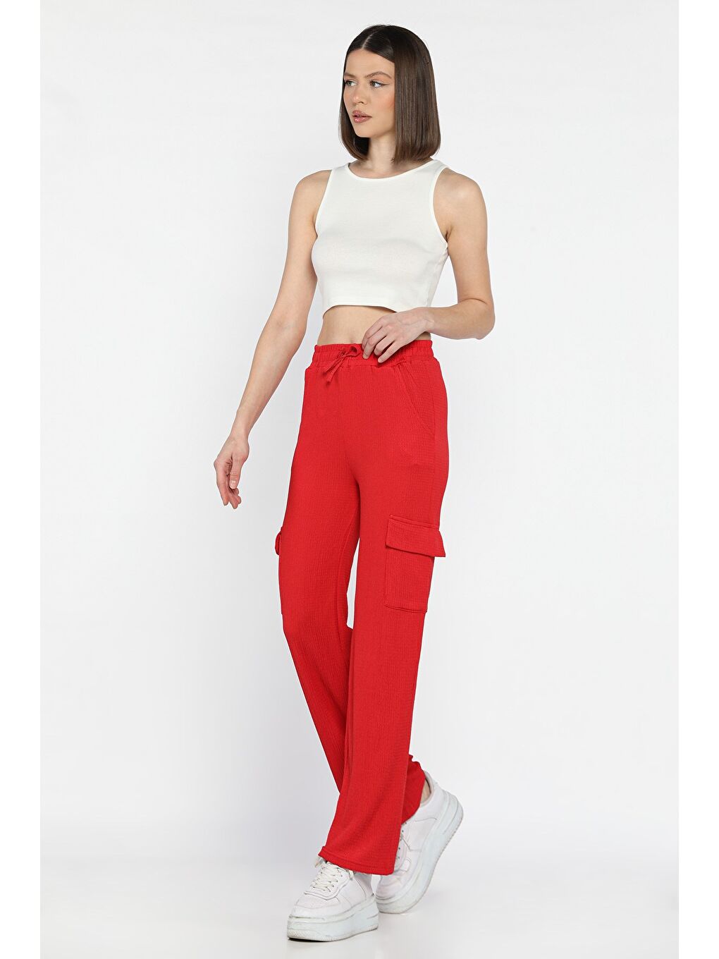 Kırmızı Kadın Bel Lastikli Bol Paça Kargo Cep Pantolon-1