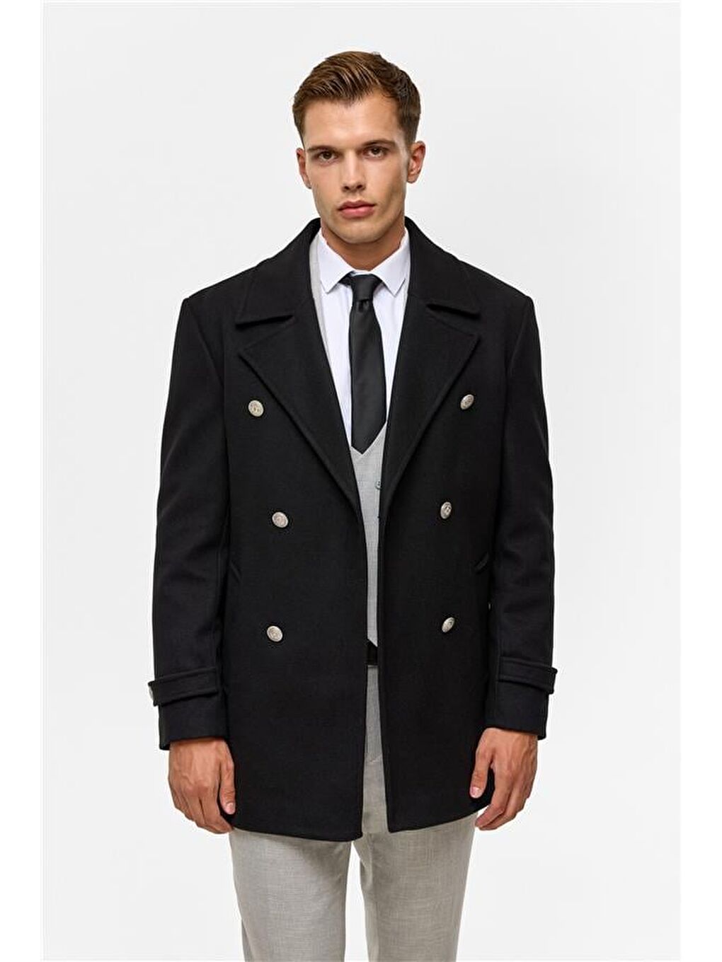 Siyah Slim Düz Kruvaze Yaka Kaban-3