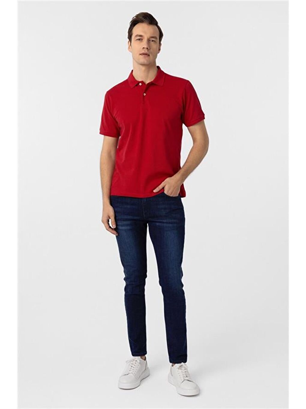 Kırmızı Regular Armürlü Polo Yaka Tişört-5