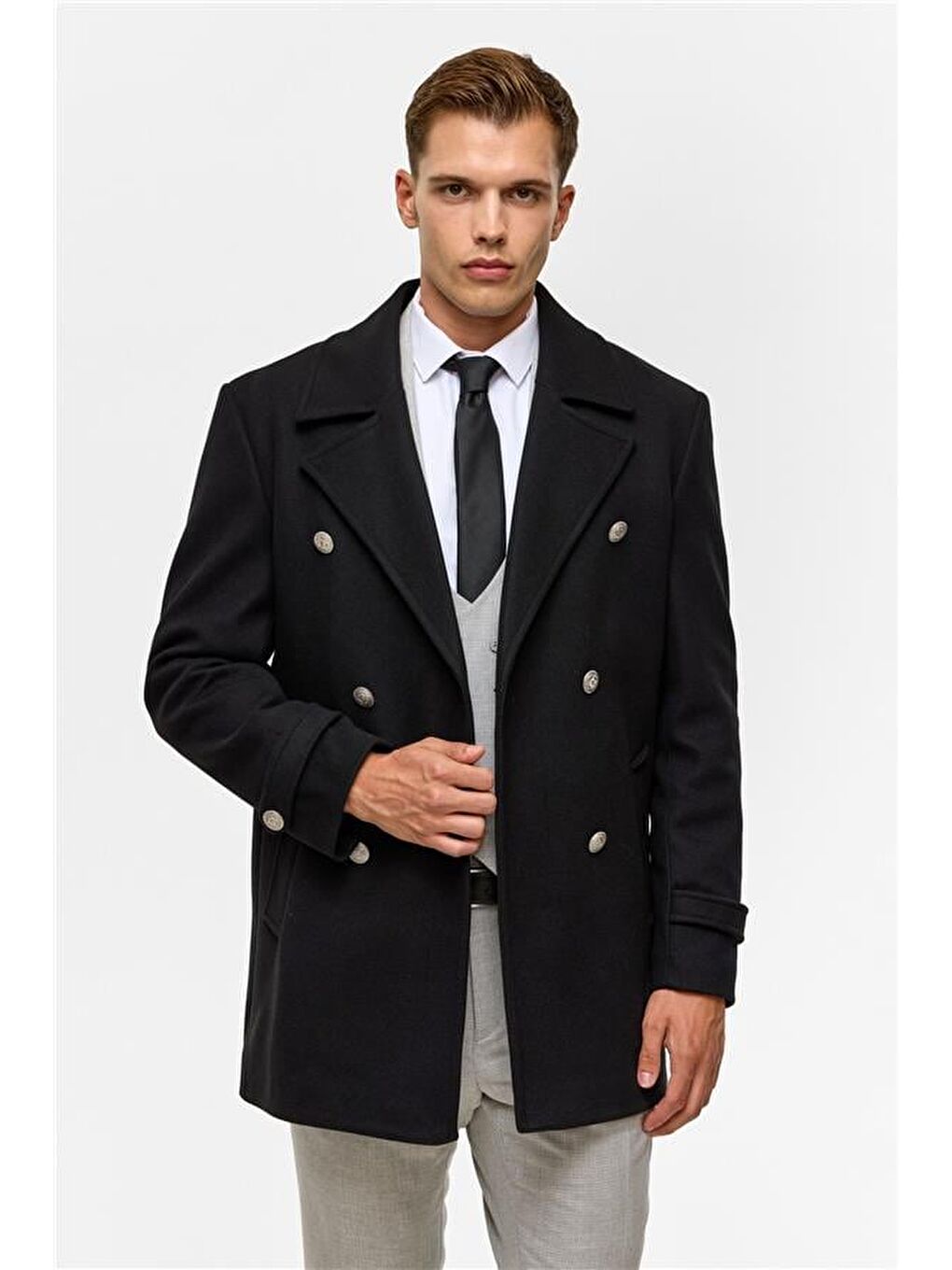 Siyah Slim Düz Kruvaze Yaka Kaban-4