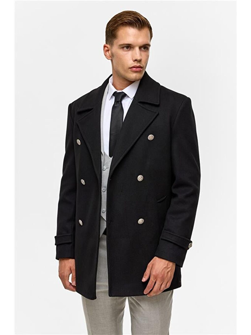 Siyah Slim Düz Kruvaze Yaka Kaban-5