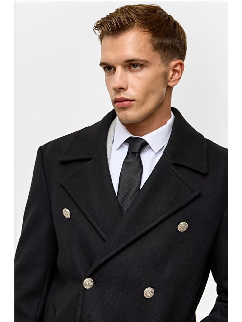 Siyah Slim Düz Kruvaze Yaka Kaban-6