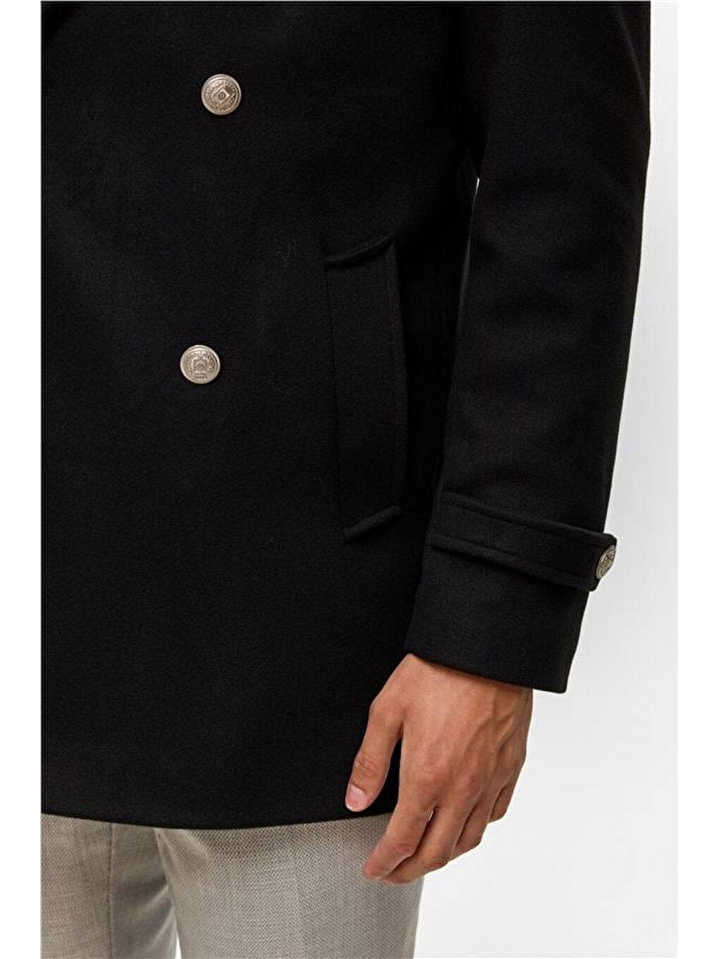 Siyah Slim Düz Kruvaze Yaka Kaban-7