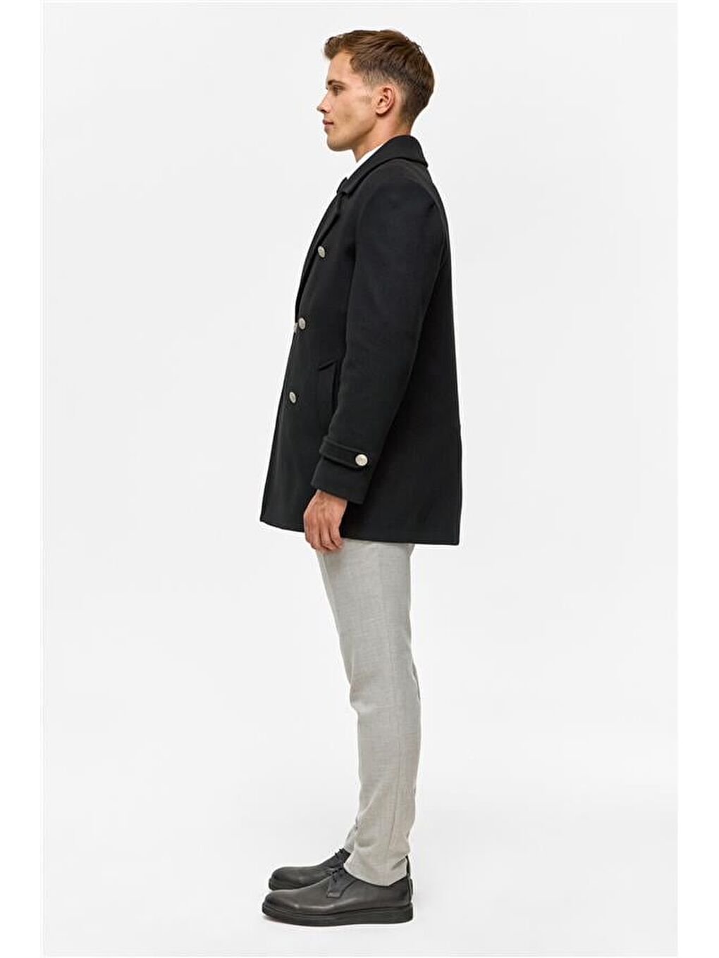 Siyah Slim Düz Kruvaze Yaka Kaban-8