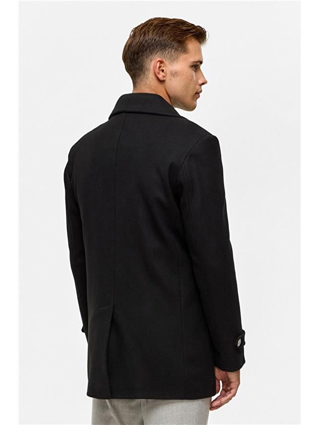 Siyah Slim Düz Kruvaze Yaka Kaban-9