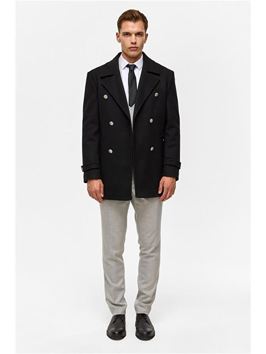 Siyah Slim Düz Kruvaze Yaka Kaban-10