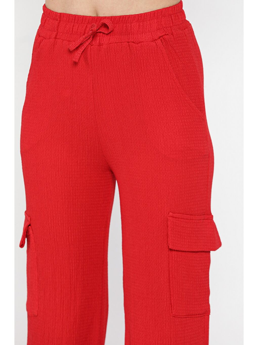 Kırmızı Kadın Bel Lastikli Bol Paça Kargo Cep Pantolon-3