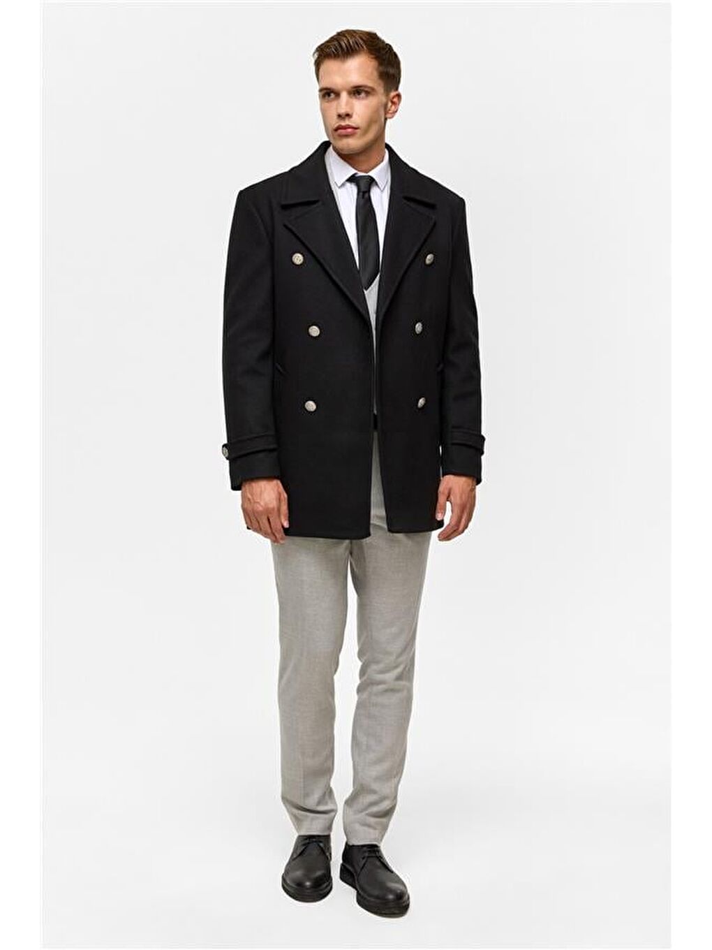 Siyah Slim Düz Kruvaze Yaka Kaban-11