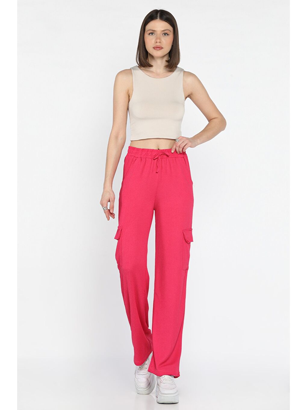 Fuşya Kadın Bel Lastikli Bol Paça Kargo Cep Pantolon