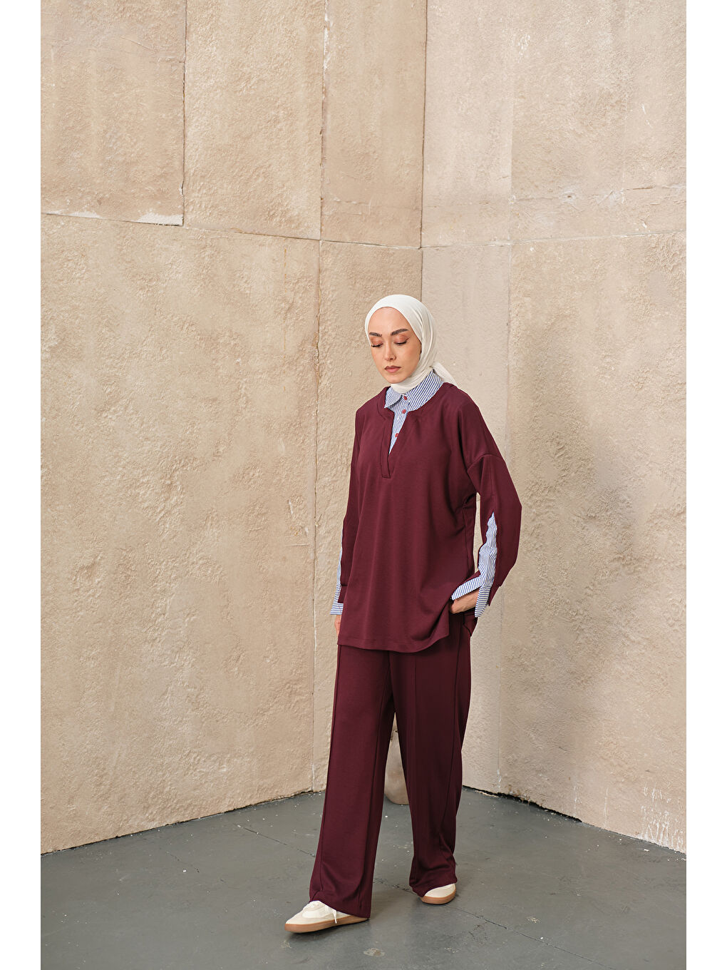 Kadın Gömlek Yaka İkili Takım Bordo-4