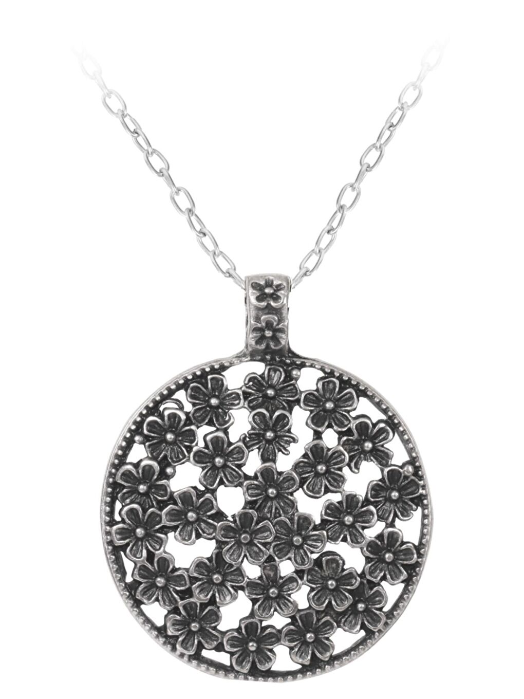 Gri Kadın Antik Gümüş Kaplama Çiçek Stilizesi Uçlu Zincir Kolye-1