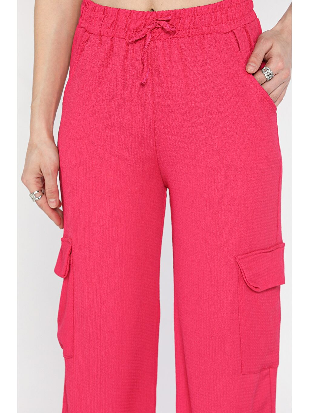 Fuşya Kadın Bel Lastikli Bol Paça Kargo Cep Pantolon-3