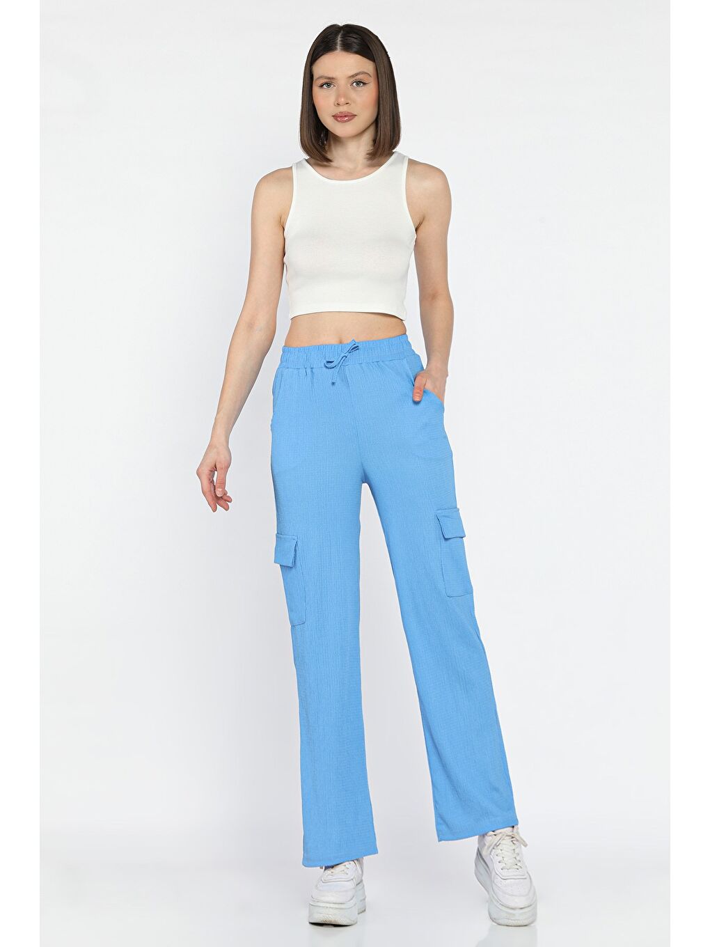Mavi Kadın Bel Lastikli Bol Paça Kargo Cep Pantolon-1