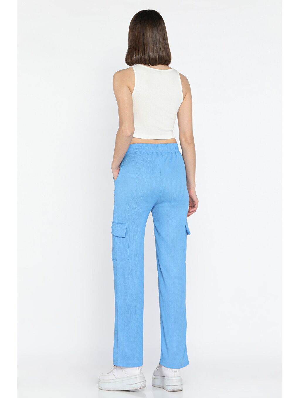 Mavi Kadın Bel Lastikli Bol Paça Kargo Cep Pantolon-2