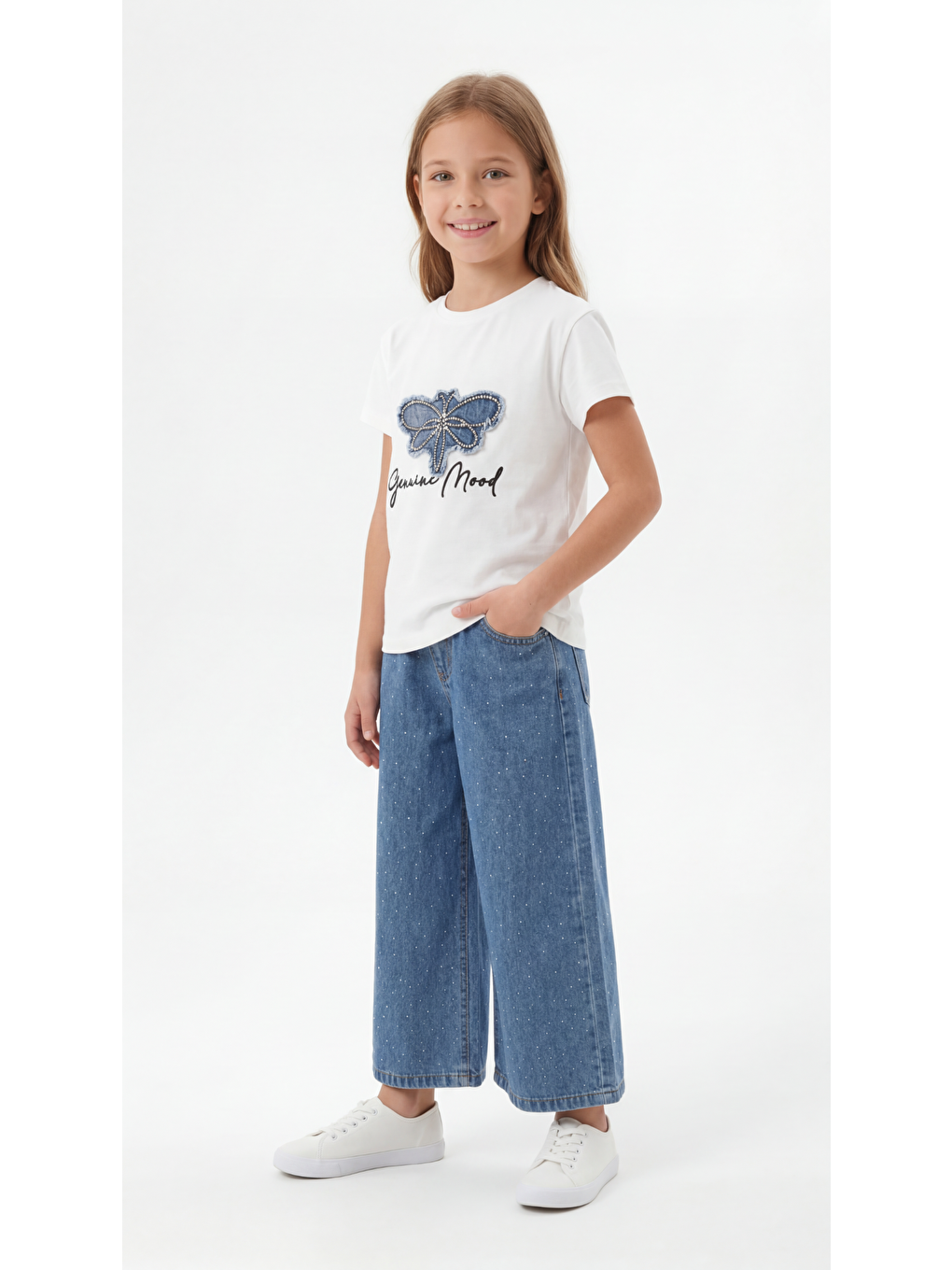 Beyaz Kelebek Detaylı Kız Çocuk Tişört-Pantolon Takım-1