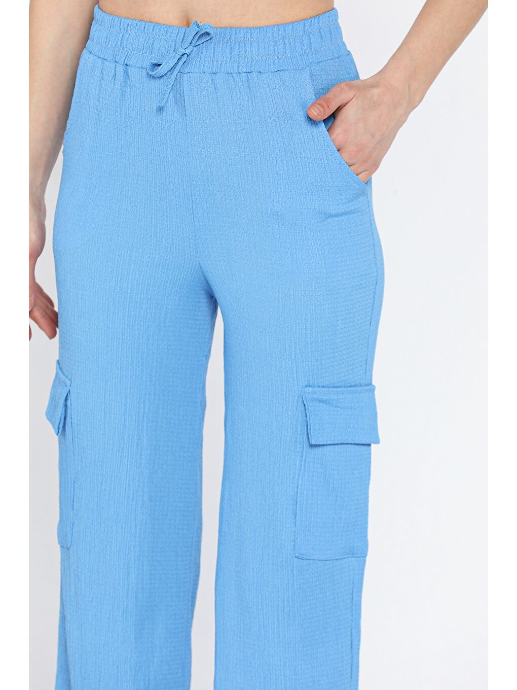 Mavi Kadın Bel Lastikli Bol Paça Kargo Cep Pantolon-3