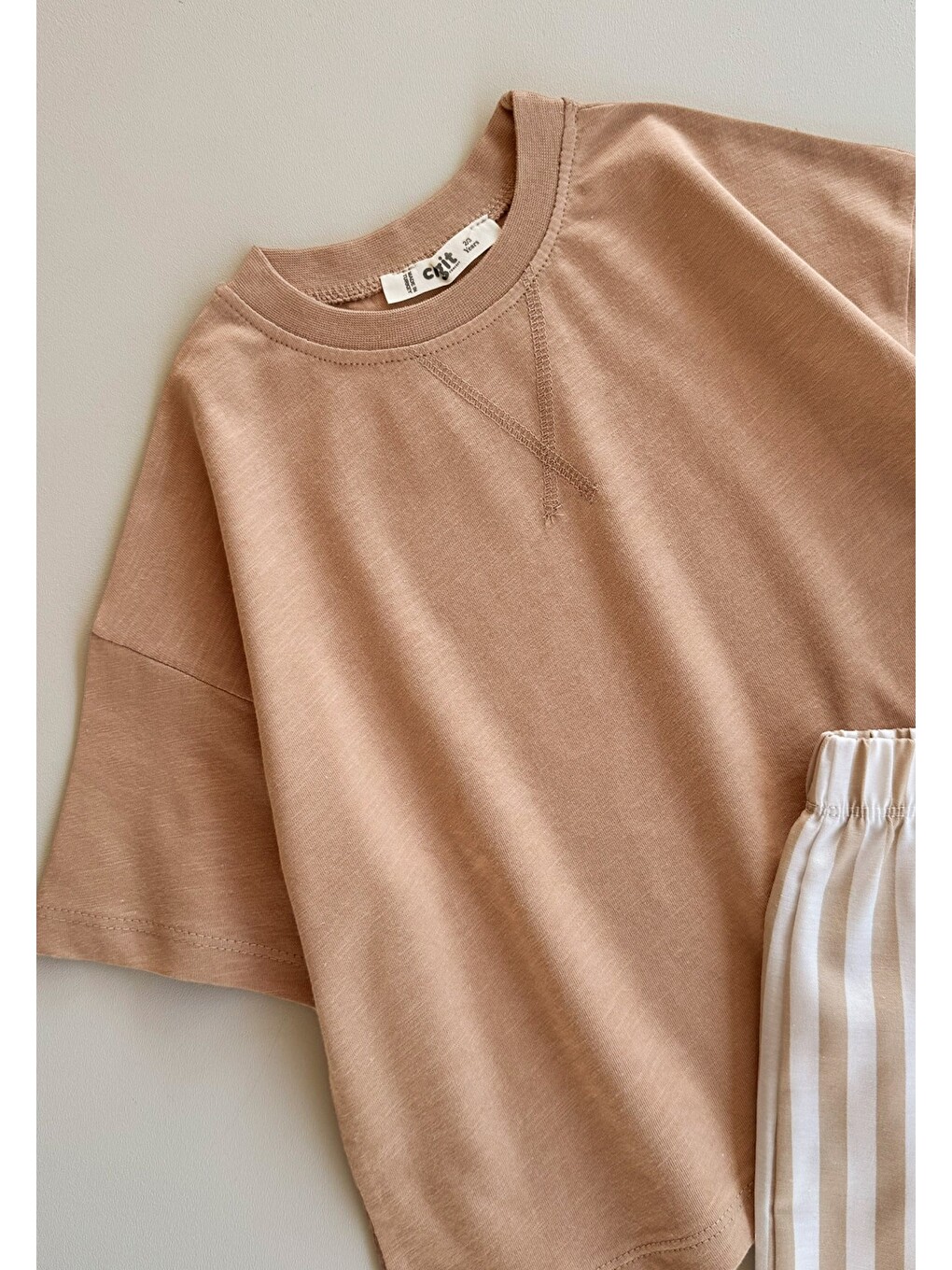 Kahverengi Oversize T-shirt Takım 2-10 Yaş Camel Bej Çizgili-1