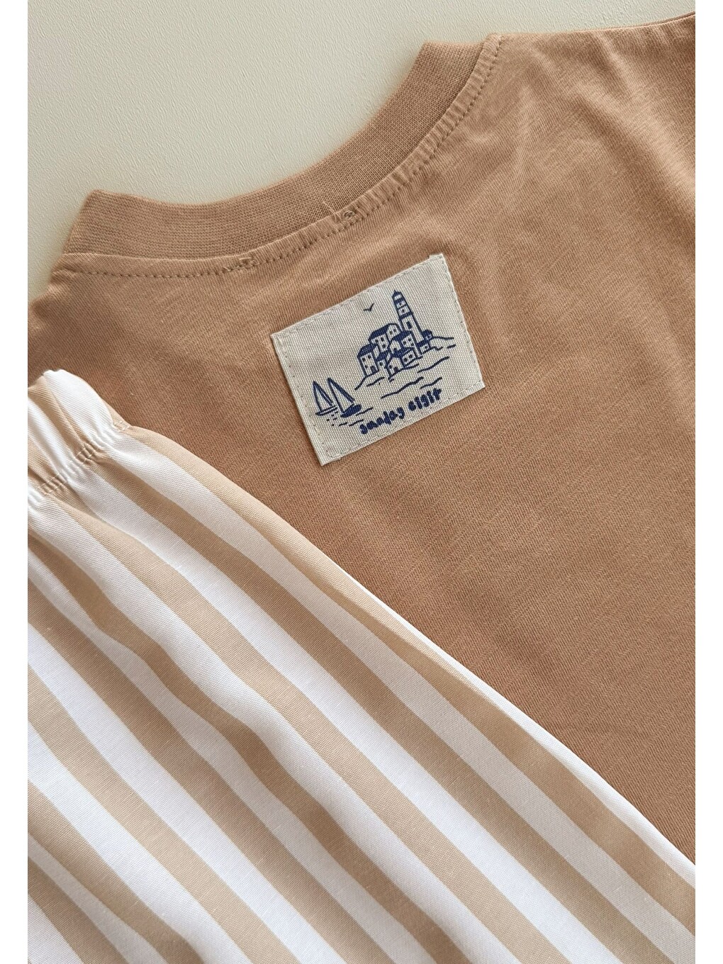 Kahverengi Oversize T-shirt Takım 2-10 Yaş Camel Bej Çizgili-2