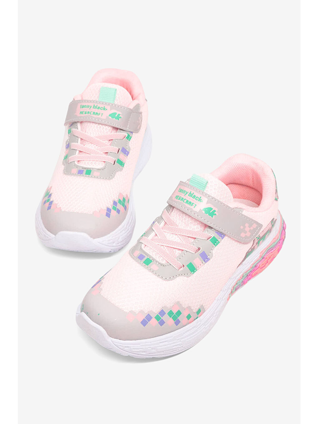 Pembe Çocuk Unisex Pudra Rahat Kalıp Nefes Alabilen Cırtlı Işıklı Sneaker-2
