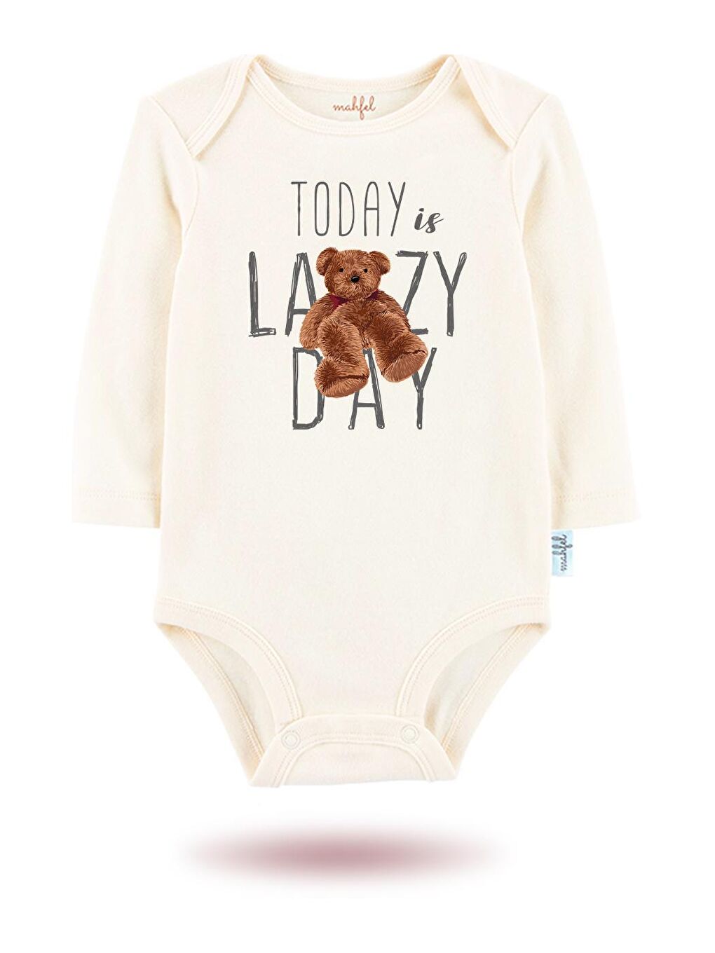 MAHFEL Ekru-Bej 3'Lü " TODAY LAZY DAY "Baskılı Uzun Kollu Unisex Bebek Çıtçıtlı Body - 1