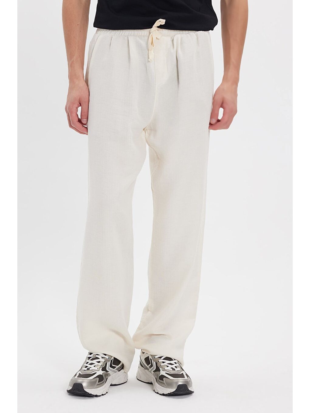 Erkek Baggy Fit Geniş Kesim %100 Pamuk Beli Lastikli Yandan Cepli Müslin Ekru Düz Pantolon-1