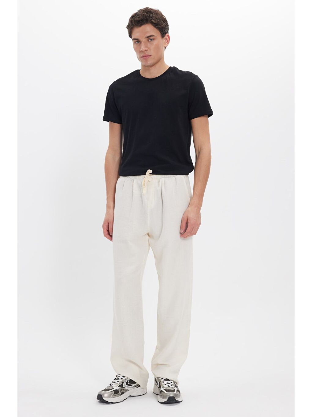 Erkek Baggy Fit Geniş Kesim %100 Pamuk Beli Lastikli Yandan Cepli Müslin Ekru Düz Pantolon-2