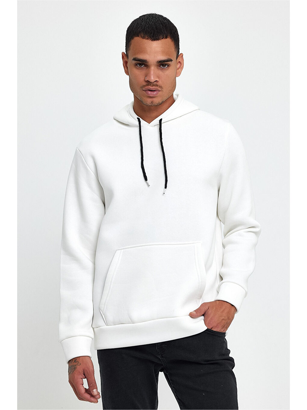 Ekru Kapüşonlu Standart Kalıp İçi Polarlı 3 İplik Kalın Erkek Büyük Beden Hoodie spr25sw55