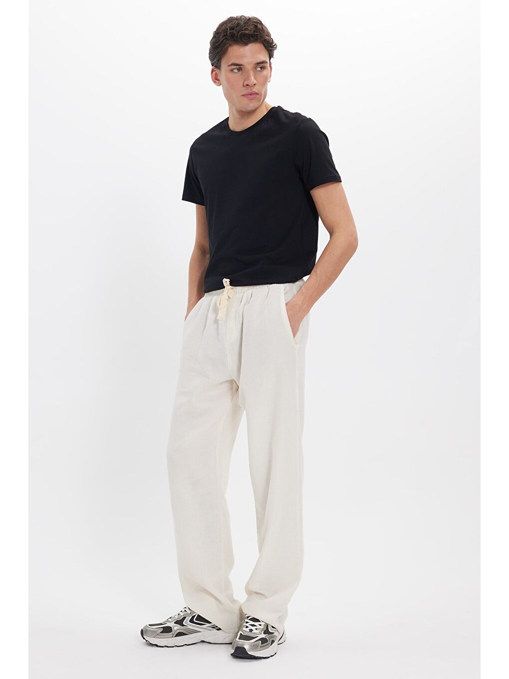 Erkek Baggy Fit Geniş Kesim %100 Pamuk Beli Lastikli Yandan Cepli Müslin Ekru Düz Pantolon-3