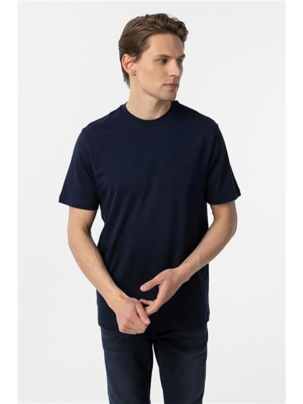 Lacivert Regular Düz Bisiklet Yaka Tişört-1