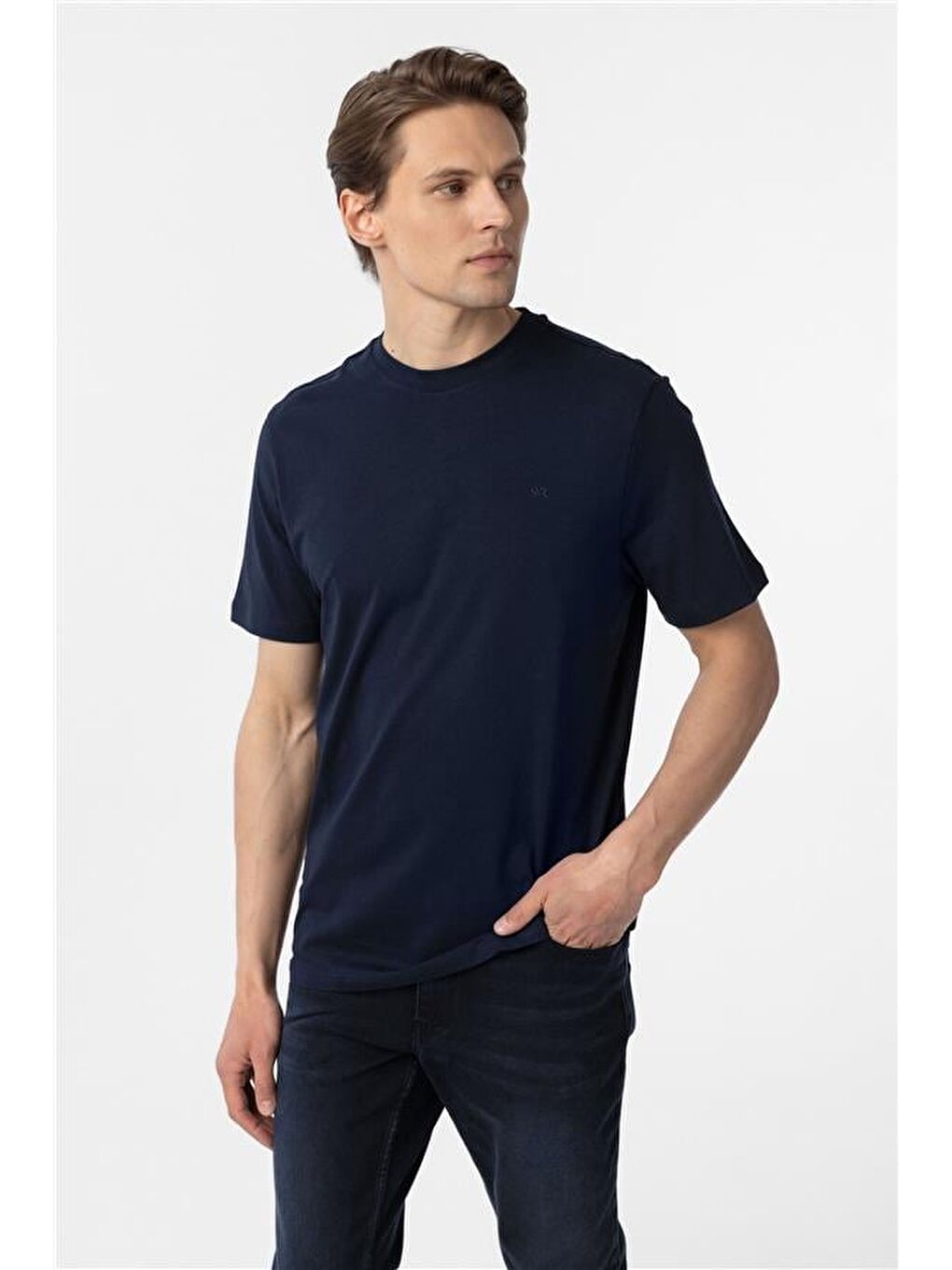 Lacivert Regular Düz Bisiklet Yaka Tişört-2