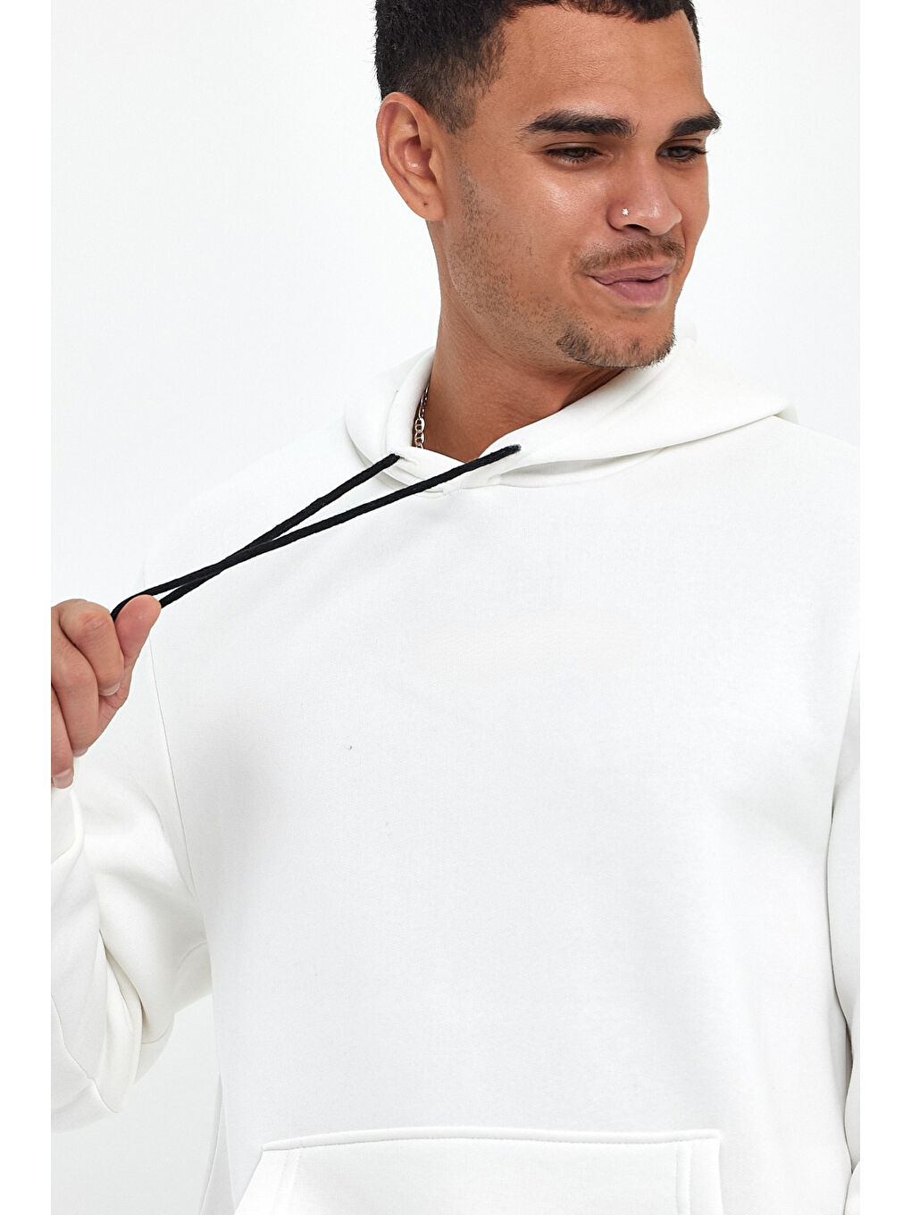 Ekru Kapüşonlu Standart Kalıp İçi Polarlı 3 İplik Kalın Erkek Büyük Beden Hoodie spr25sw55-1