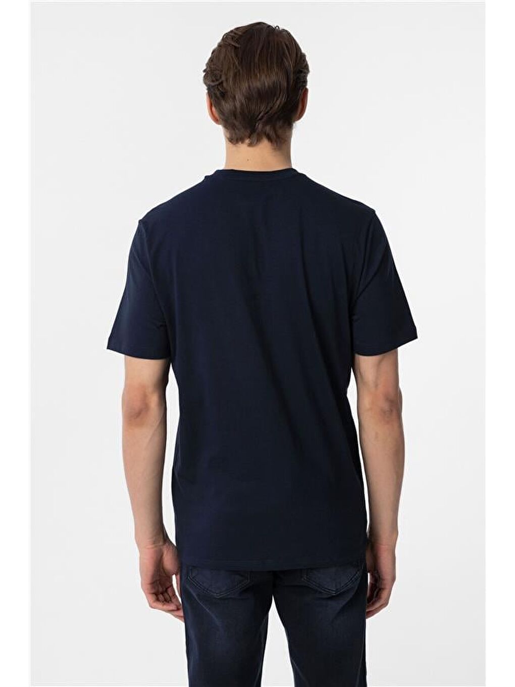 Lacivert Regular Düz Bisiklet Yaka Tişört-4