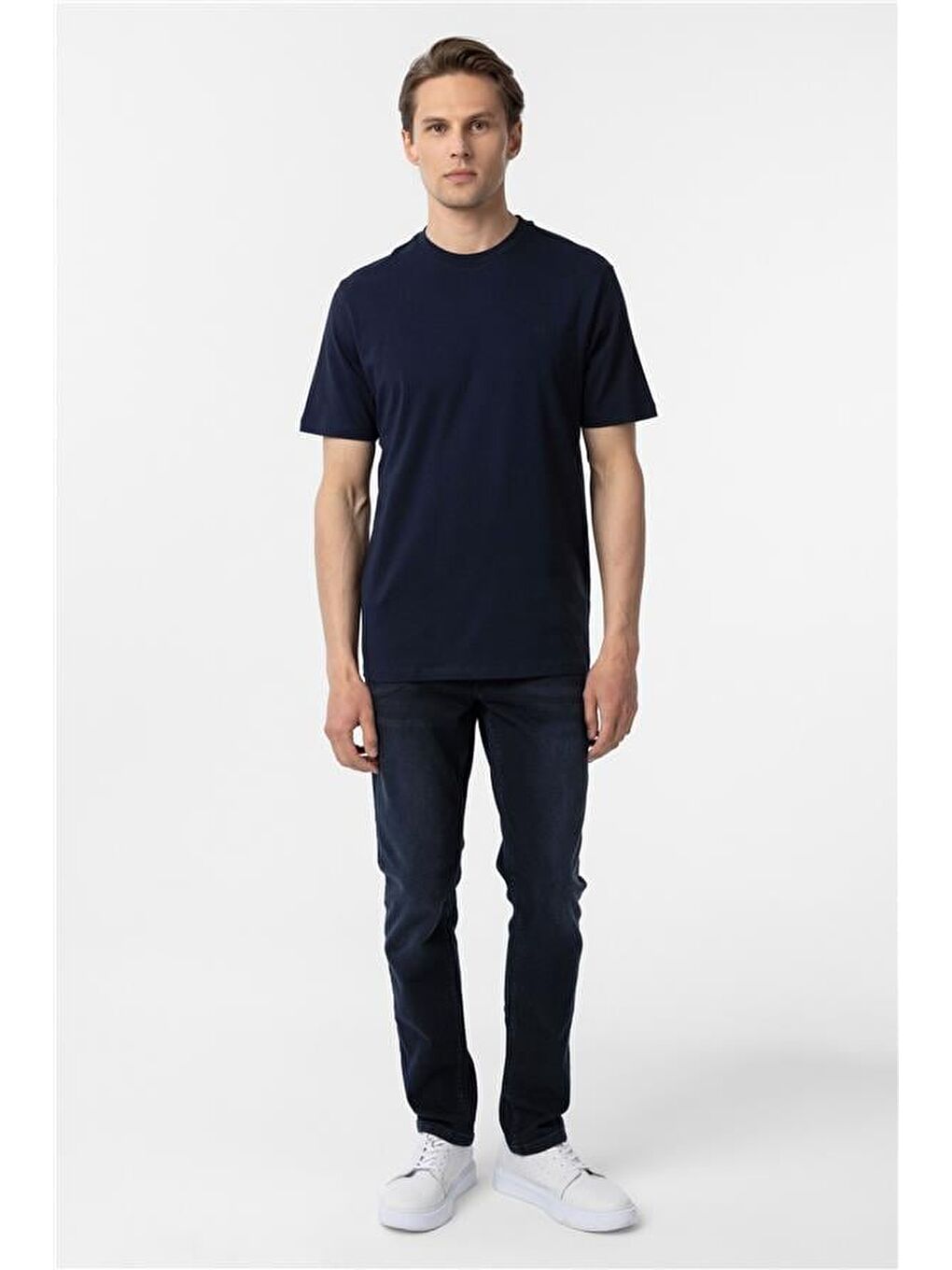 Lacivert Regular Düz Bisiklet Yaka Tişört-5