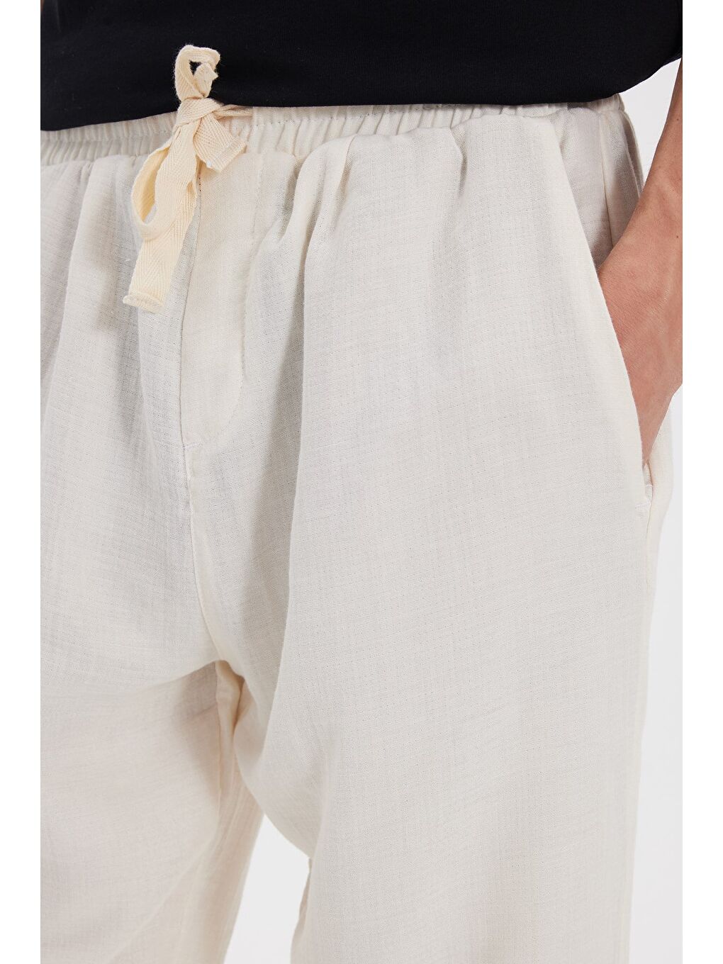 Erkek Baggy Fit Geniş Kesim %100 Pamuk Beli Lastikli Yandan Cepli Müslin Ekru Düz Pantolon-4