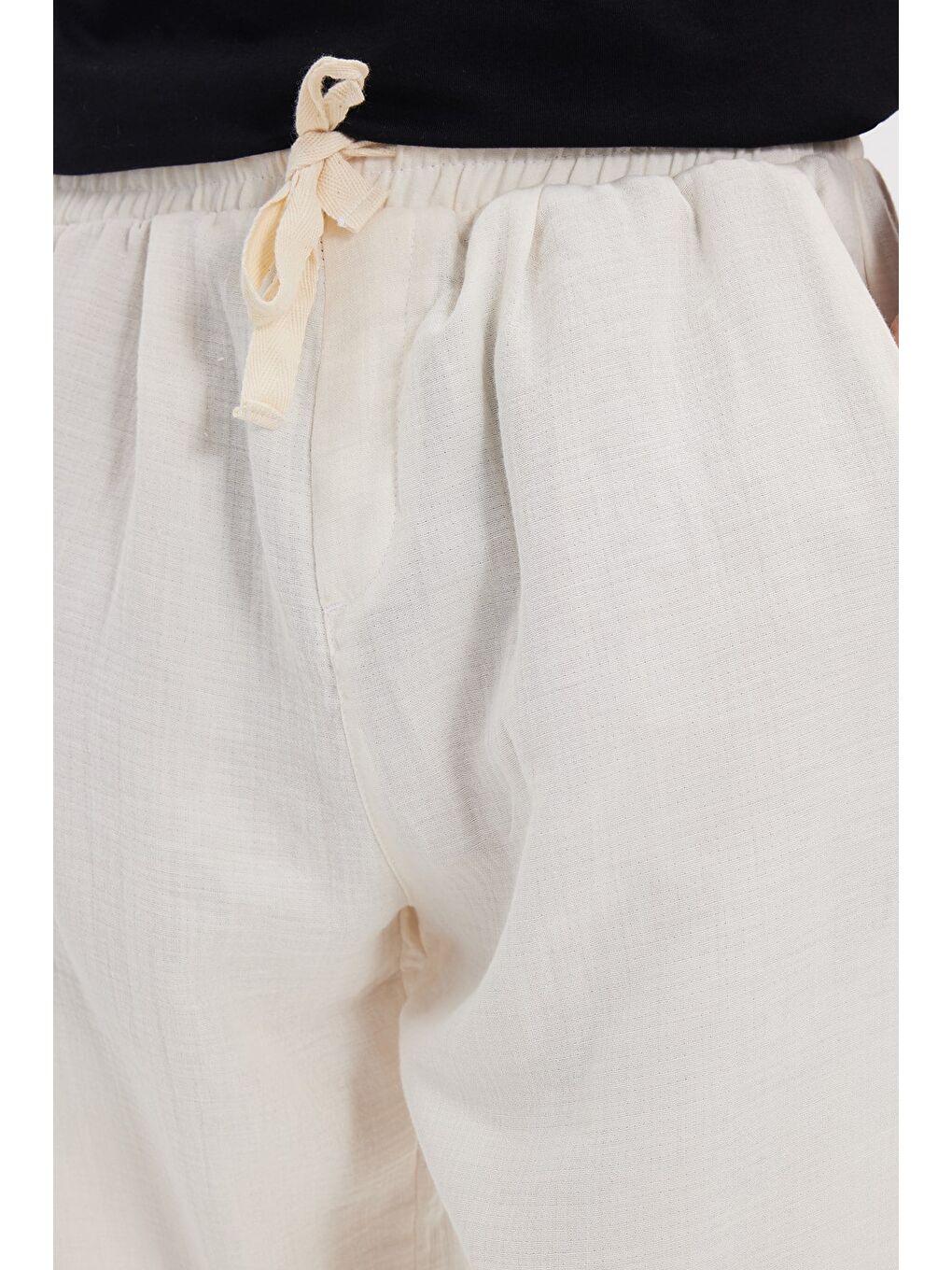 Erkek Baggy Fit Geniş Kesim %100 Pamuk Beli Lastikli Yandan Cepli Müslin Ekru Düz Pantolon-5