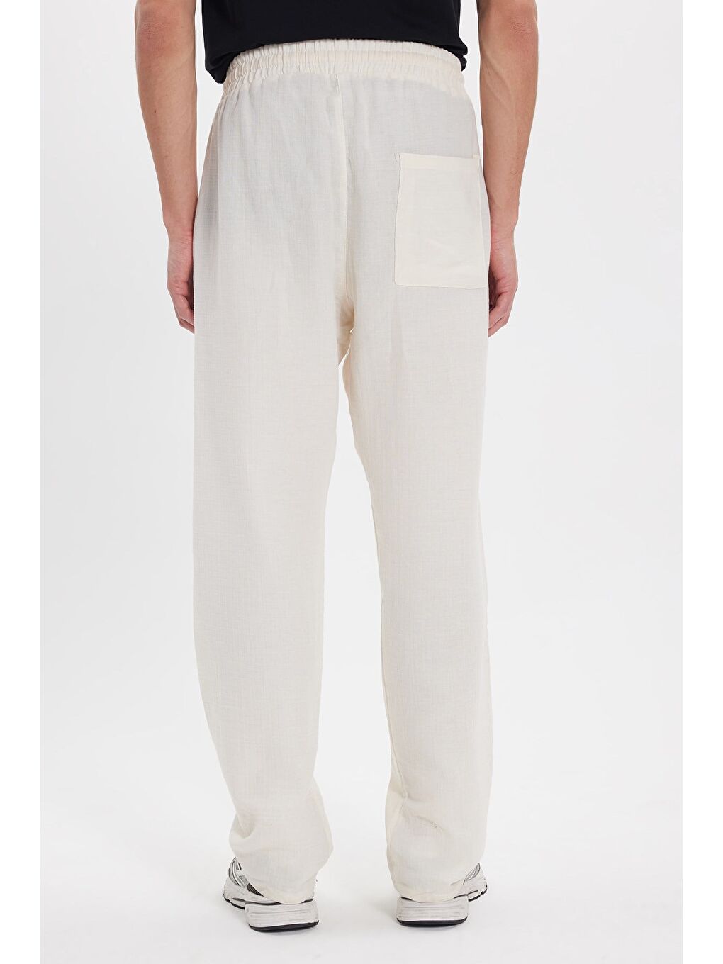 Erkek Baggy Fit Geniş Kesim %100 Pamuk Beli Lastikli Yandan Cepli Müslin Ekru Düz Pantolon-6