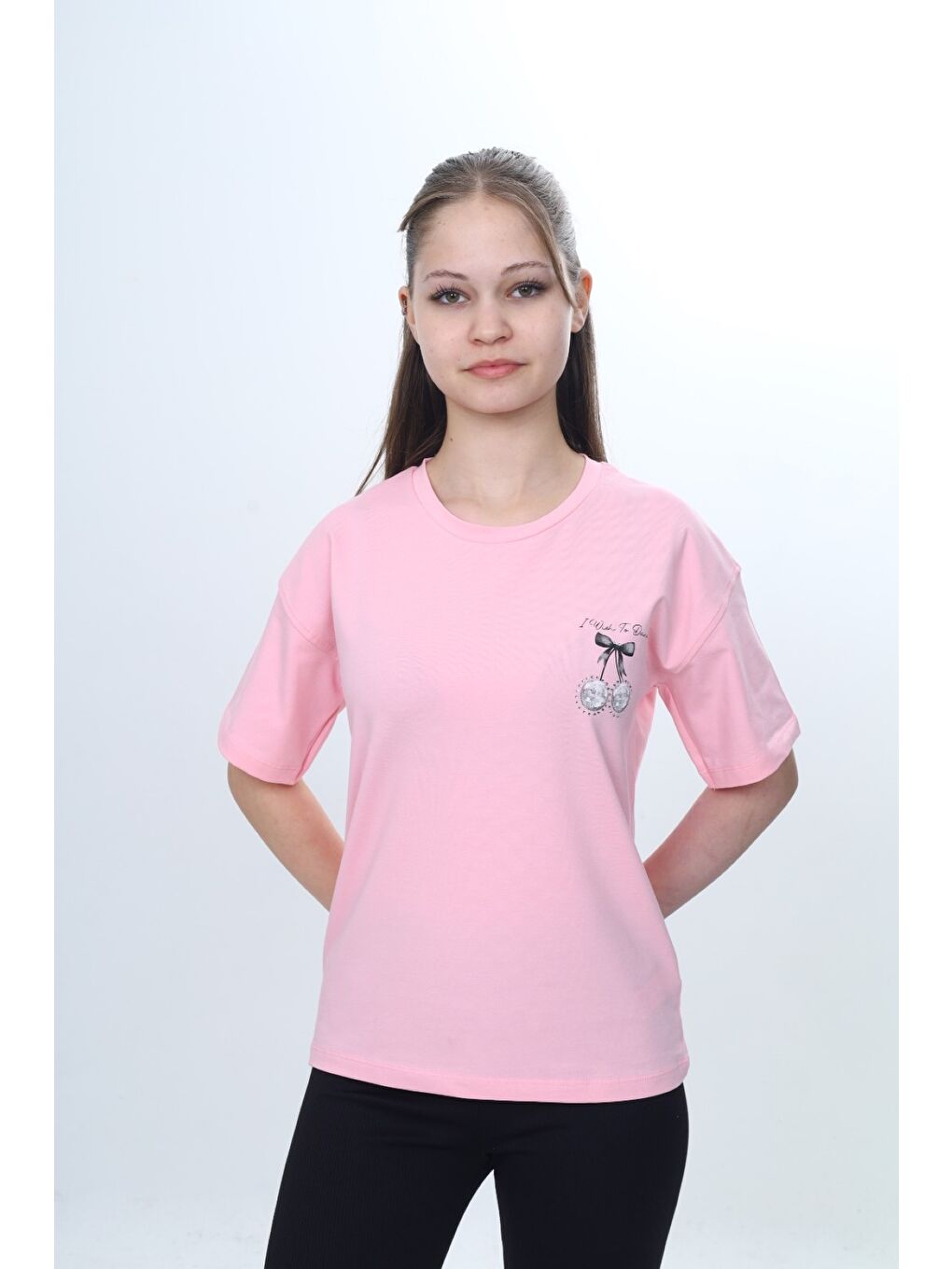 Pembe Kız Çocuk Bisiklet Yaka Düşük Omuz Kısa Kollu Baskılı Tişört  24973