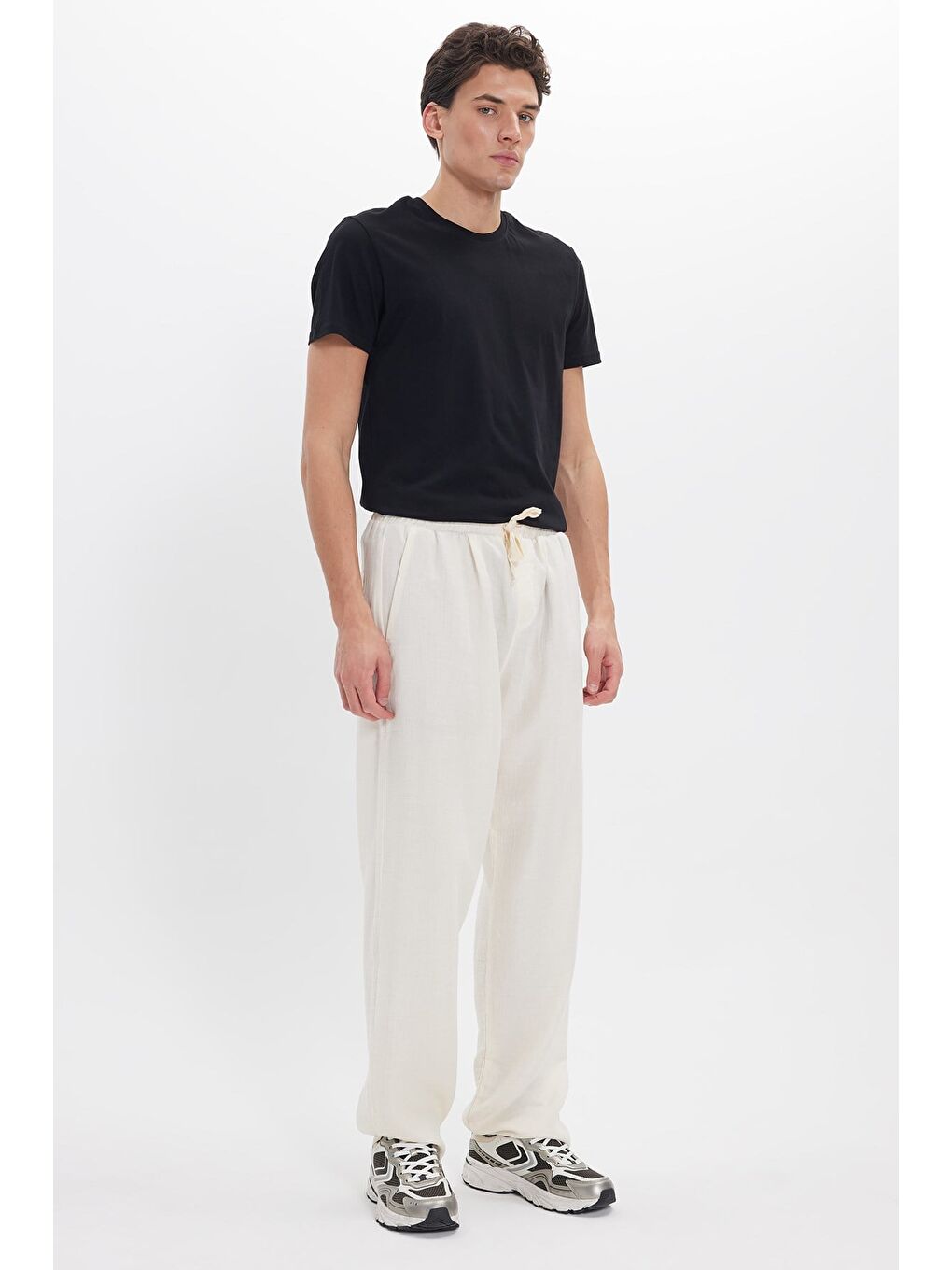 Erkek Baggy Fit Geniş Kesim %100 Pamuk Beli Lastikli Yandan Cepli Müslin Ekru Düz Pantolon-7