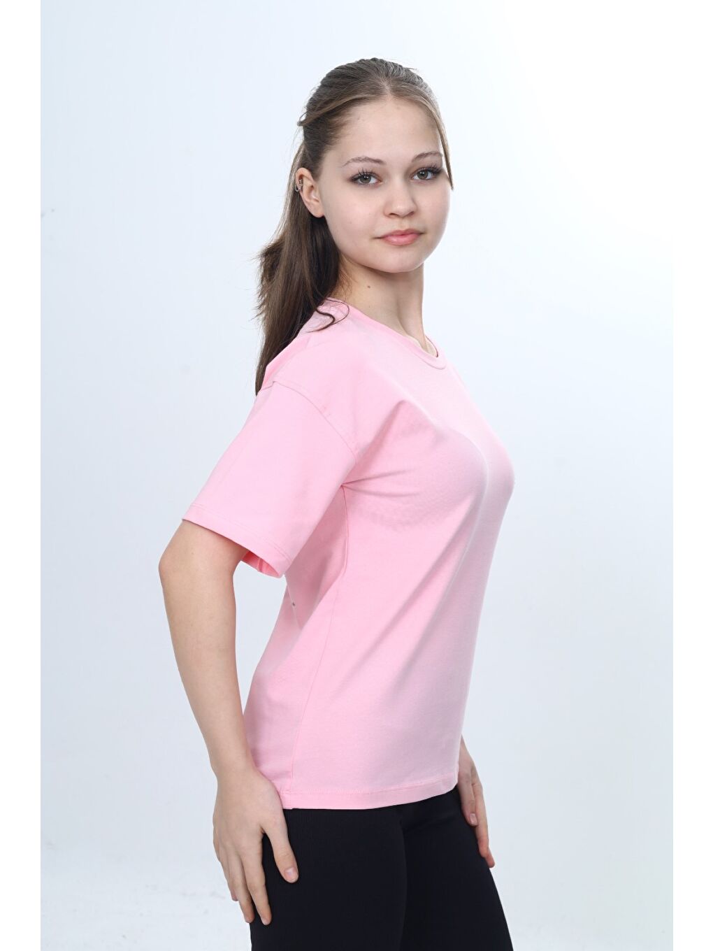 Pembe Kız Çocuk Bisiklet Yaka Düşük Omuz Kısa Kollu Baskılı Tişört  24973-1