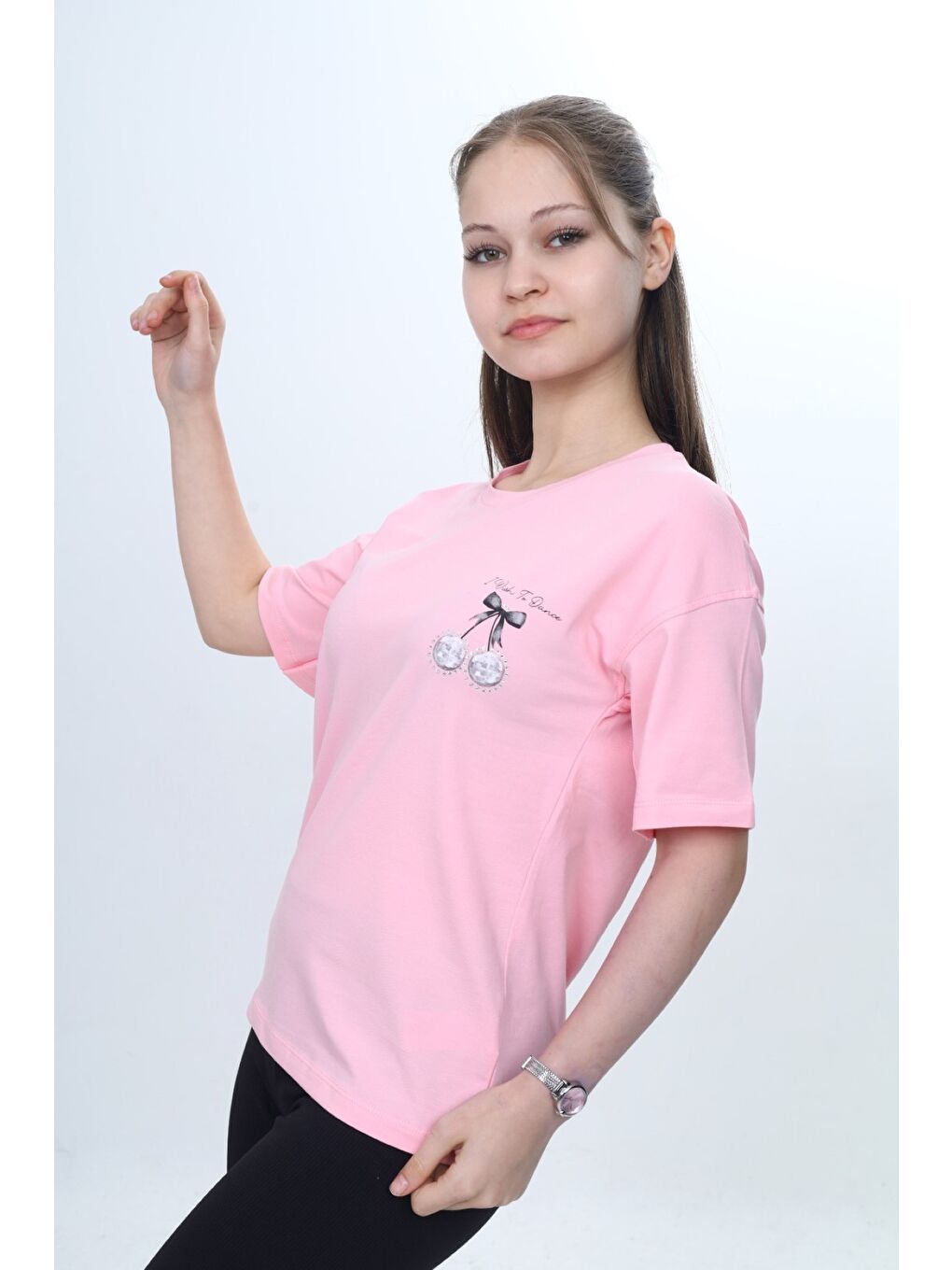 Pembe Kız Çocuk Bisiklet Yaka Düşük Omuz Kısa Kollu Baskılı Tişört  24973-2