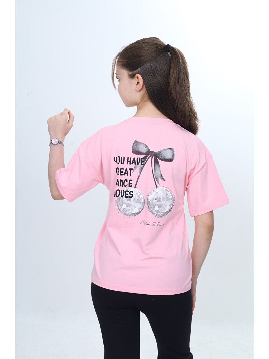 Pembe Kız Çocuk Bisiklet Yaka Düşük Omuz Kısa Kollu Baskılı Tişört  24973-3